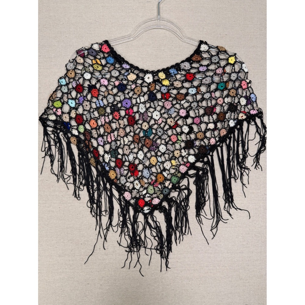 Handmade Crochet Floral Medallion Poncho Wrap Multi Color Beaded Fringe Boho OS